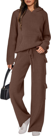 🎄Christmas Clearance 🔥 Women’s Two Piece Outfits Casual Knit Hooded Sweater Straight Leg Pants Set