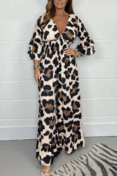 Hot Sale🔥 Women's Leopard Print Elastic Waist Casual Wide Leg Jumpsuit