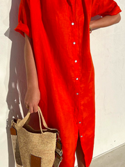 Women Elegant Casual Loose Half Sleeve Button Down Front Half Sleeve Cotton Linen Dress