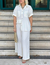 NEW🔥Women's Cream Embossed Pattern Shirt Wide Leg Suit