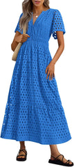 NEW 🔥Womens 2025 Summer Maxi Dress Short Sleeve V Neck Hollow Out Eyelet A Line Dresses
