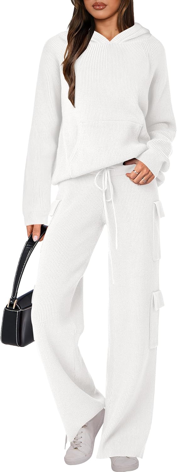 🎄Christmas Clearance 🔥 Women’s Two Piece Outfits Casual Knit Hooded Sweater Straight Leg Pants Set