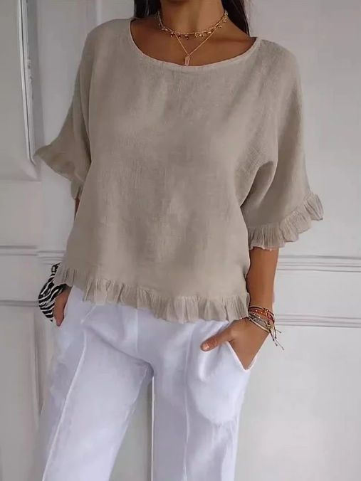 🔥Clearance Sale🔥 Women's Round Neck Ruffled Cotton And Linen Top