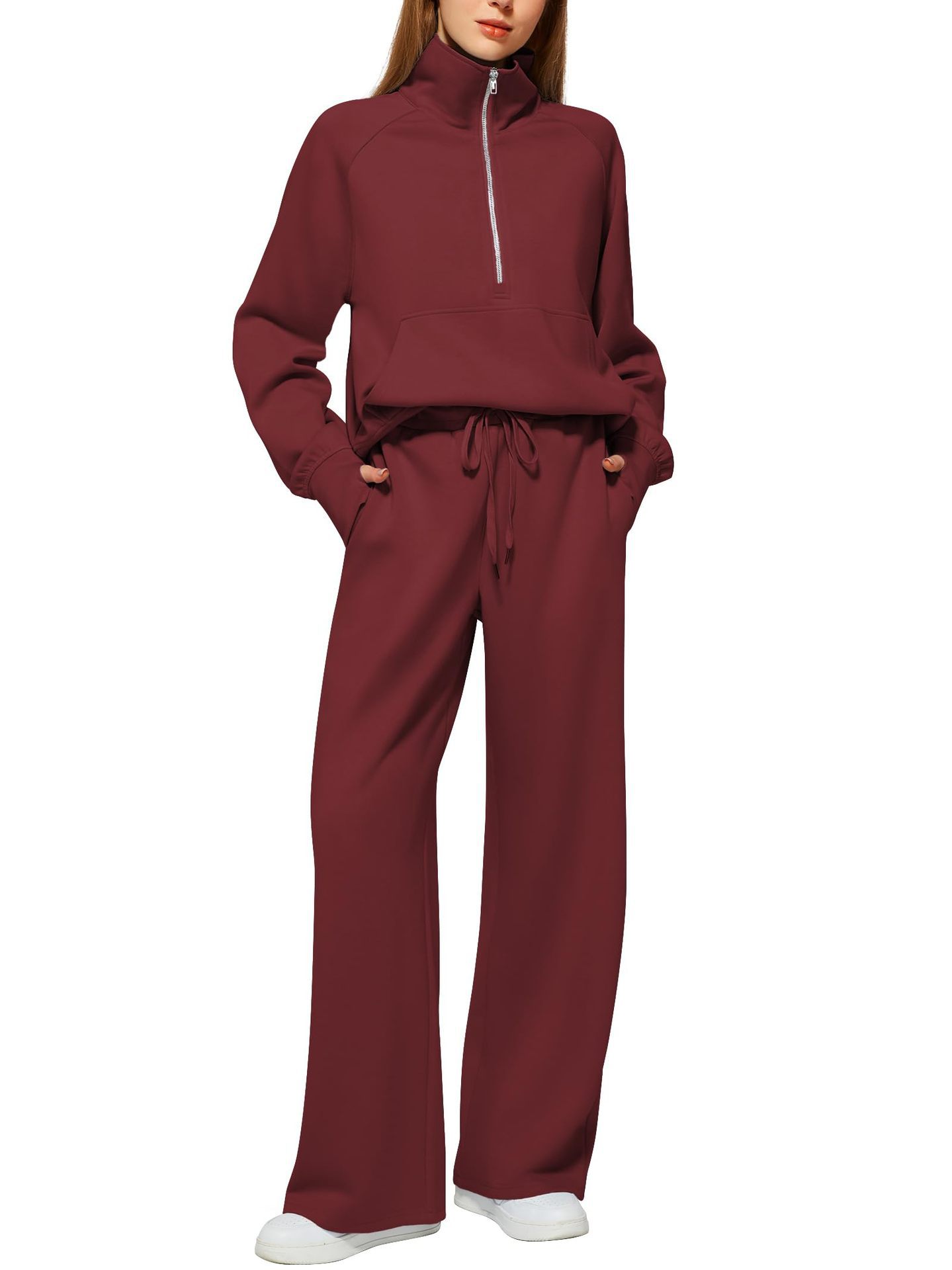 CLEARANCE SALE🔥 Women's Solid Color Cotton Half Zip Two-Piece Set