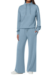 NEW 🔥 Women's Cotton Two-Piece Oversized Drawstring Sweatshirt Wide Leg Sweatpants Casual Set