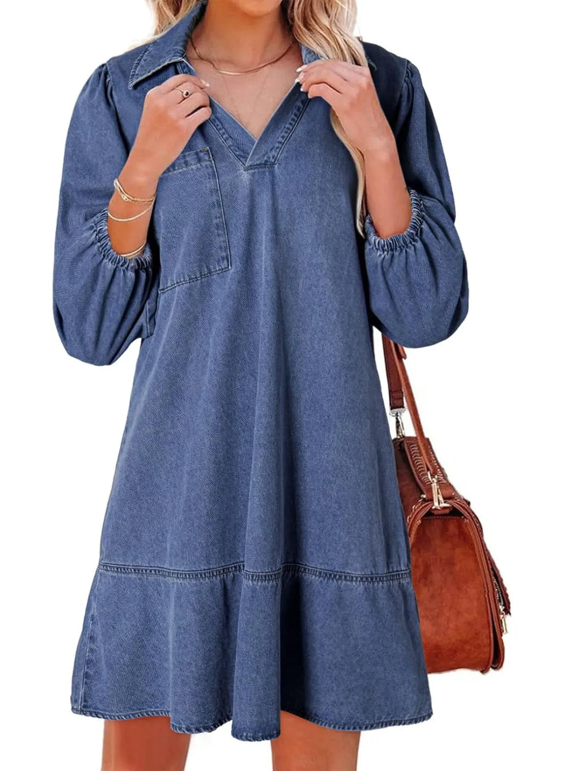 Women's V-Neck Puff Sleeve Denim Layered Dress (Buy 2 Free Shipping)