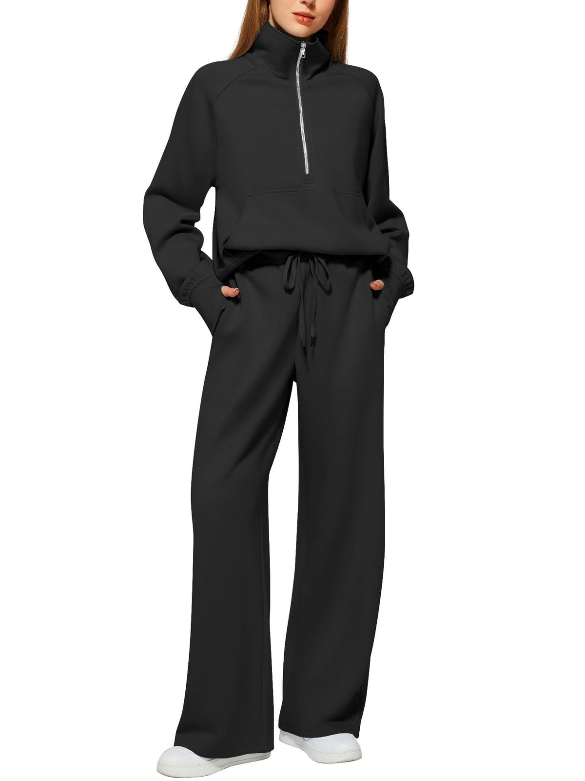 CLEARANCE SALE🔥 Women's Solid Color Cotton Half Zip Two-Piece Set