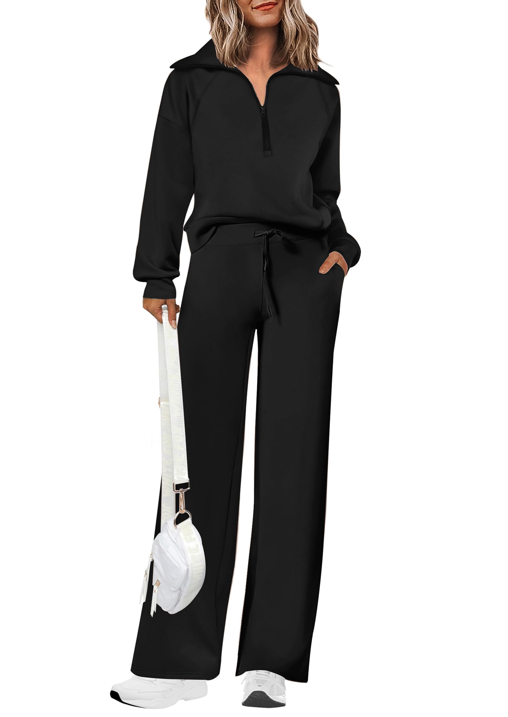 Women's Cotton Two-Piece Outfits Lapel Half-Zip Sweatshirt Wide Leg Sweatpants Casual Suit