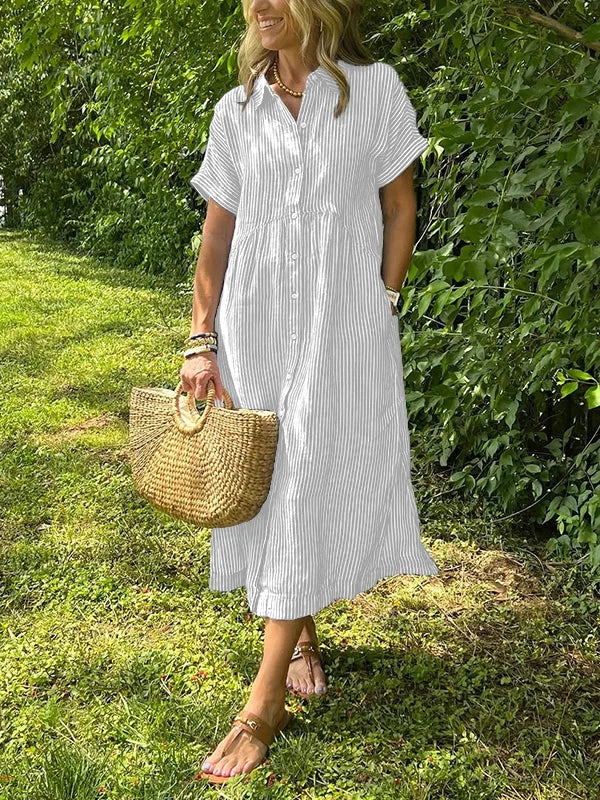 NEW🔥 Striped Lapel Button Down Shirt Dress