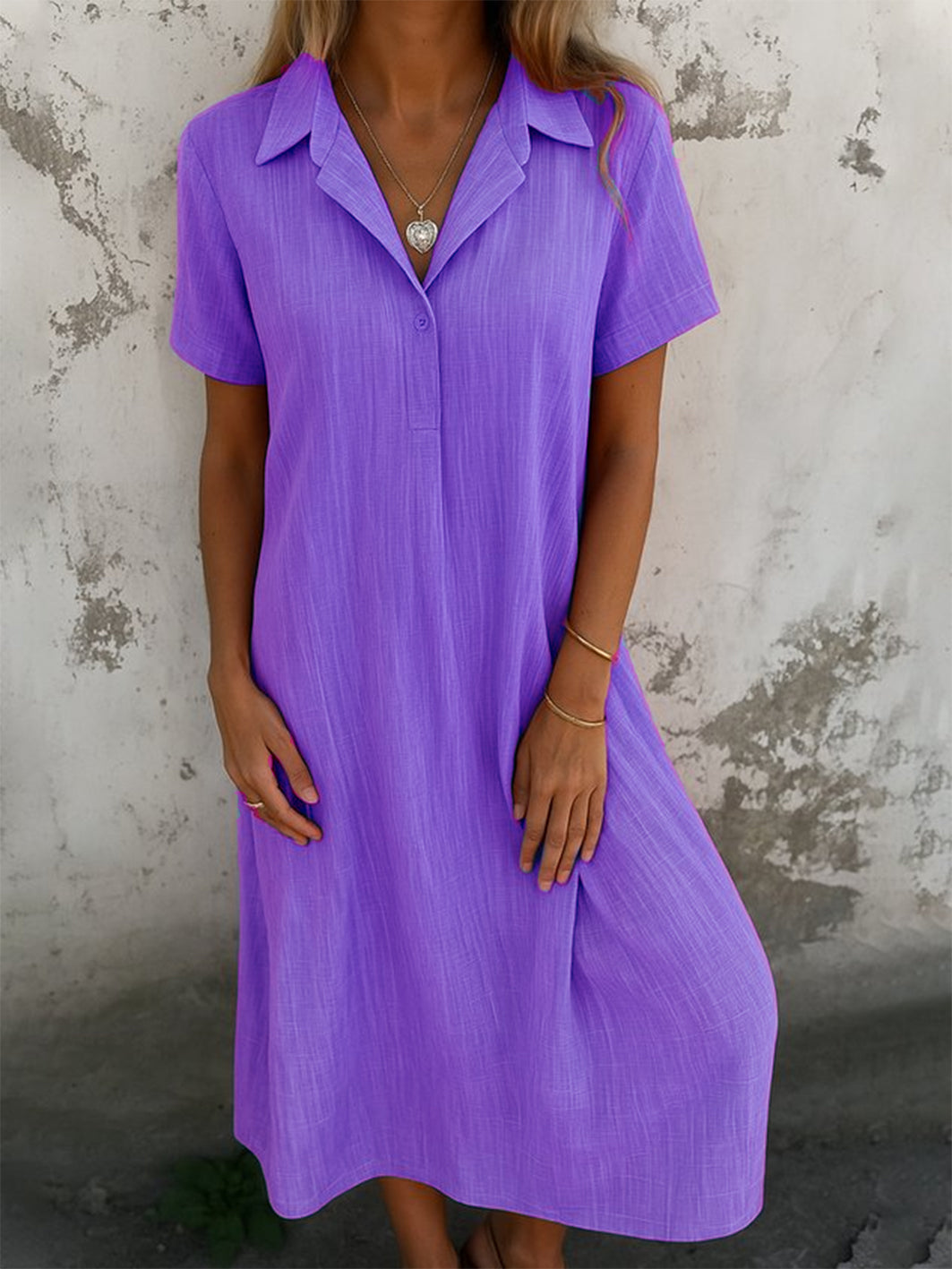 Women Plain Short Sleeve Summer Dress Shirt Collar Daily Casual Maxi A-Line Dress(Buy 2 Free Shipping)